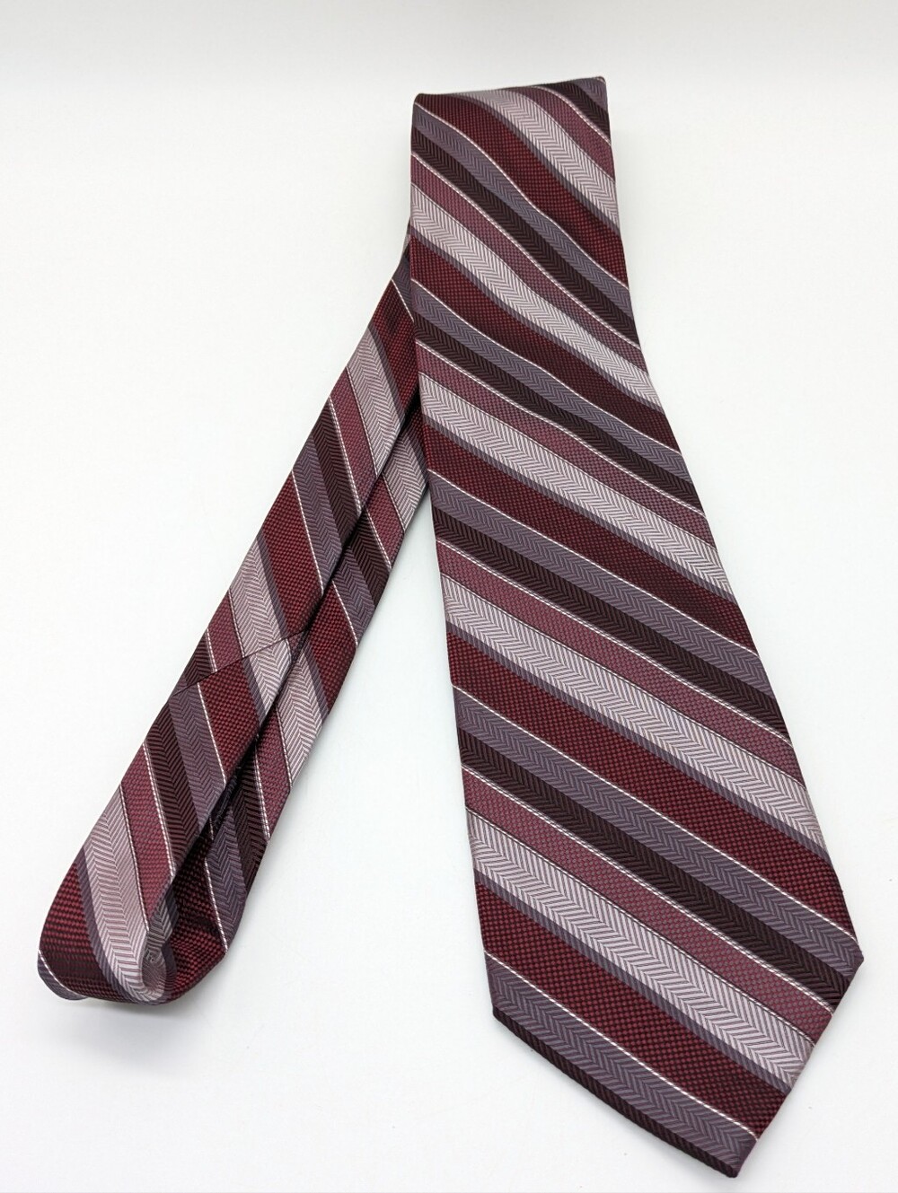 Vintage Bruno Pirittelli Maroon Purple Grey Stripes Mens Silk Neck Tie